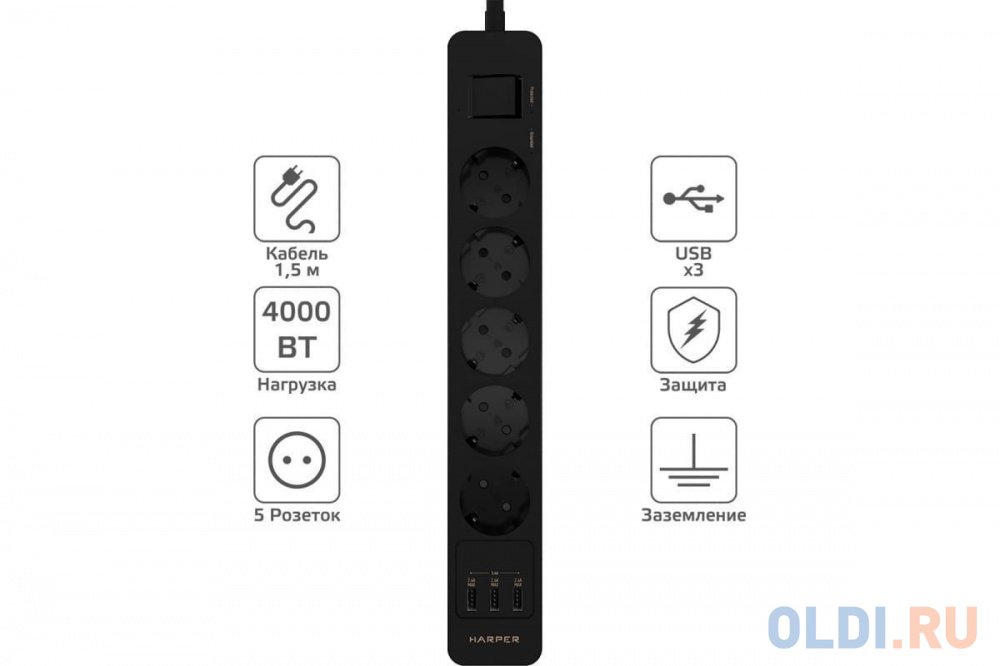 Harper Сетевой фильтр с USB зарядкой UCH-530 Black (5 роз.,1,5м.,3 x USB 2.4A (max 3.4A), 4000W) {H00003010}
Harper Сетевой фильтр с USB зарядкой UCH-530 Black (5 роз.,1,5м.,3 x USB 2.4A (max 3.4A), 4000W) {H00003010}