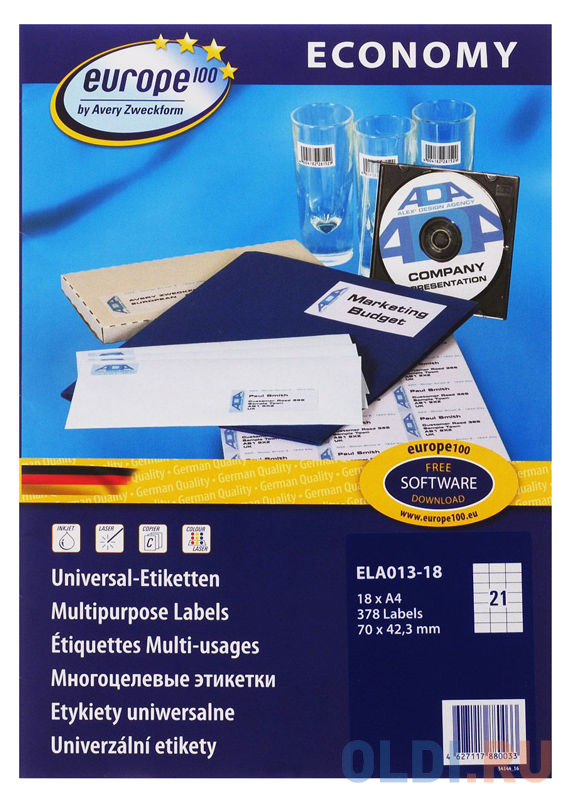Этикетки Europe100 ELA13-18 ELA013-18 A4 70x42.3мм 21шт на листе/70г/м2/18л./белый матовое самоклей. универсальная
Этикетки Europe100 ELA13-18 ELA013-18 A4 70x42.3мм 21шт на листе/70г/м2/18л./белый матовое самоклей. универсальная