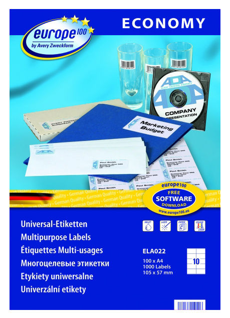 Этикетки Europe100 ELA022-100 ELA022 A4 105x57мм 10шт на листе/70г/м2/100л./белый матовое самоклей. универсальная
Этикетки Europe100 ELA022-100 ELA022 A4 105x57мм 10шт на листе/70г/м2/100л./белый матовое самоклей. универсальная