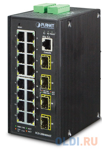 IP30 Industrial 16* 10/100/1000TP + 4* 100/1000F SFP Full Managed Ethernet Switch (-40 to 75 degree C, 2*DI, 2*DO), ERPS Ring, 1588
IP30 Industrial 16* 10/100/1000TP + 4* 100/1000F SFP Full Managed Ethernet Switch (-40 to 75 degree C, 2*DI, 2*DO), ERPS Ring, 1588