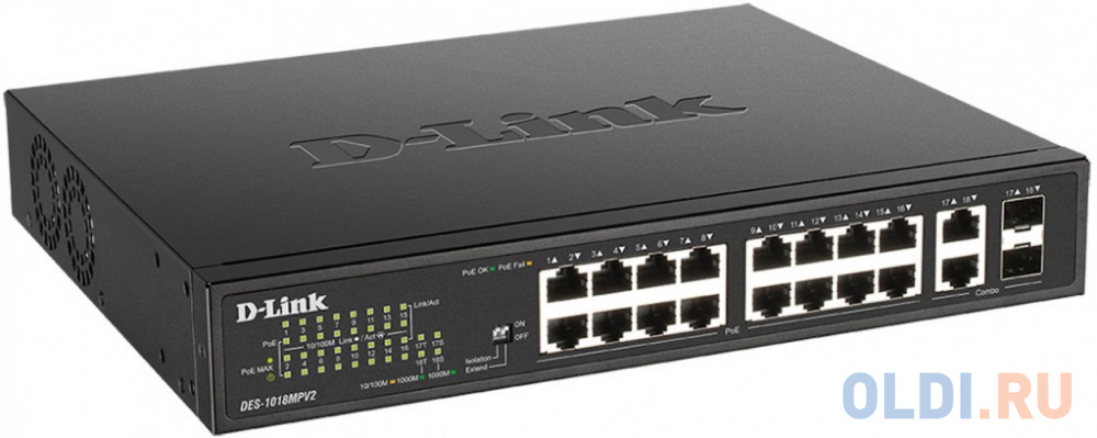 Коммутатор/ DES-1018MPV2/E Unmanaged Switch 16x100Base-TX PoE, 2xCombo 1000Base-T/SFP, PoE Budget 247W, Long-range PoE up to 250m, metal case
Коммутатор/ DES-1018MPV2/E Unmanaged Switch 16x100Base-TX PoE, 2xCombo 1000Base-T/SFP, PoE Budget 247W, Long-range PoE up to 250m, metal case