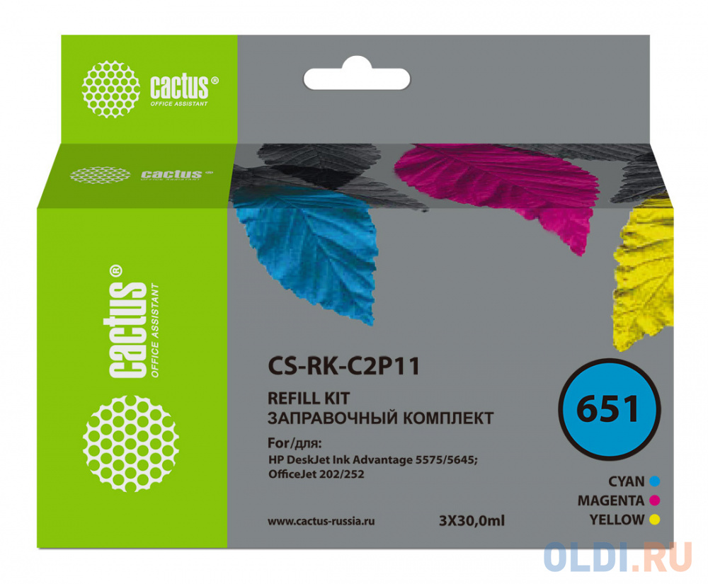 Заправочный набор Cactus CS-RK-C2P11 №651 голубой/пурпурный/желтый 3x30мл для HP DJ 5575/5645
Заправочный набор Cactus CS-RK-C2P11 №651 голубой/пурпурный/желтый 3x30мл для HP DJ 5575/5645