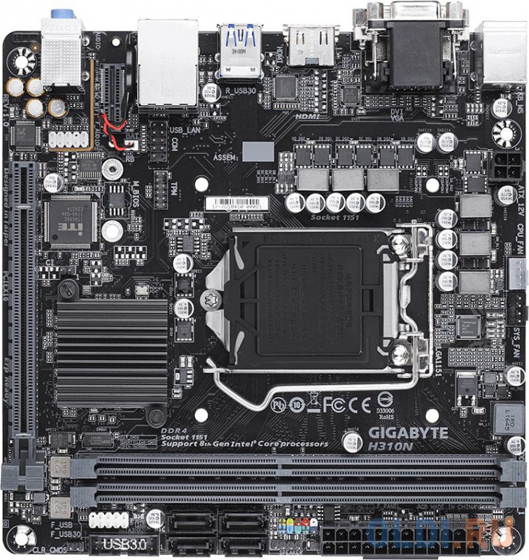 Материнская плата GIGABYTE H310N <S1151v2, H310, 2xDDR4, PCI-Ex16, D-SUB, DVI, HDMI, SATAIII, M.2, GBLan, USB 3.1, miniITX, Retail
Материнская плата GIGABYTE H310N <S1151v2, H310, 2xDDR4, PCI-Ex16, D-SUB, DVI, HDMI, SATAIII, M.2, GBLan, USB 3.1, miniITX, Retail