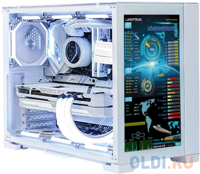 Корпус Lamptron Modified Lian Li O11 Single-Side Display PC Case (Front Display Panel, White), с ЖК экраном в лицевой панели, белый корпус atx lamptron oceanview rob360w без бп белый