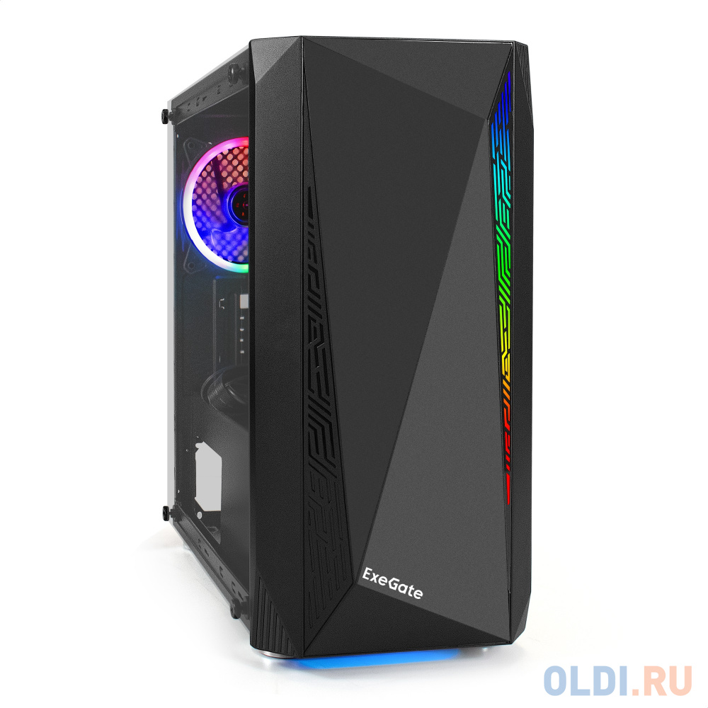 Корпус Minitower ExeGate Mistery R2-NPX600 (mATX, БП 600NPX с вент. 12 см, 2*USB+1*USB3.0, аудио, черный, 1 вент. 12см с RGB подсветкой и полоса на пе