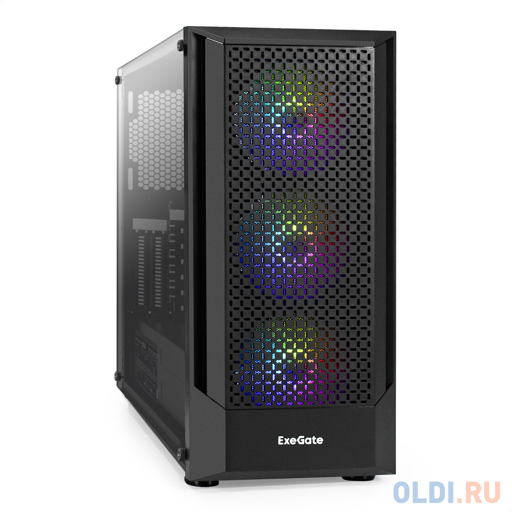 Корпус Miditower ExeGate EVO-8227-NPX500 (ATX, БП 500NPX с вент. 12см, 2*USB+1*USB3.0+HD Audio, черный, 3 вент. с RGB подсветкой, боковая панель - зак