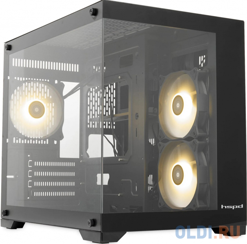 Корпус без блока питания/ HSPD F330, Panoramic Mini-tower, Black, TG, 0.5 SPCC, 3x120mm ARGB mATX, mITX 160/400/200mm 1x2.5", 2x3.5", 4xPCI - F330-TGBK-ARGB