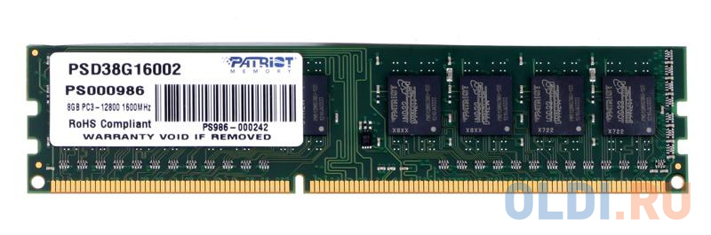 Оперативная память для компьютера Patriot Signature DIMM 8Gb DDR3 1600 MHz PSD38G16002 оперативная память для компьютера qumo qum3u 4g1600k11 so dimm 4gb ddr3 1600 mhz qum3u 4g1600k11