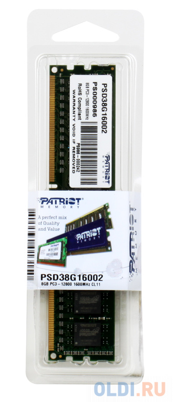 Оперативная память для компьютера Patriot PSD38G16002 DIMM 8Gb DDR3 1600 MHz PSD38G16002 фото