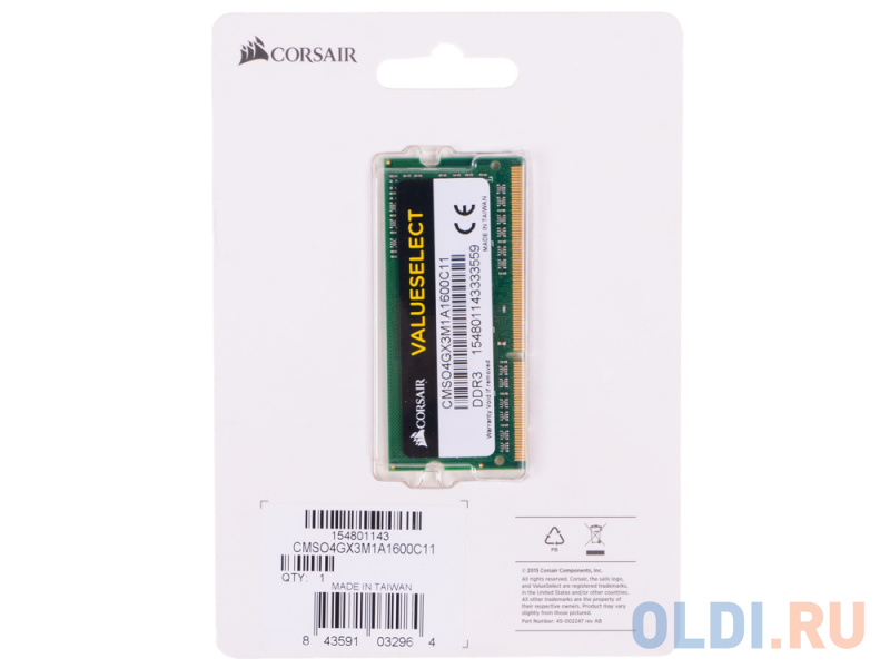 

Оперативная память для ноутбука Corsair CMSO4GX3M1A1600C11 SO-DIMM 4Gb DDR3 1600MHz