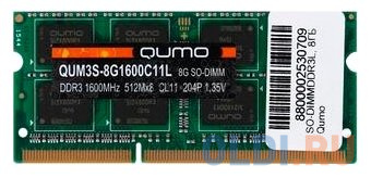 Оперативная память для ноутбука QUMO QUM3S-8G1600C11L SO-DIMM 8Gb DDR3L 1600 MHz QUM3S-8G1600C11L оперативная память для ноутбука kingston kvr16ls11 4wp so dimm 4gb ddr3l 1600 mhz kvr16ls11 4wp