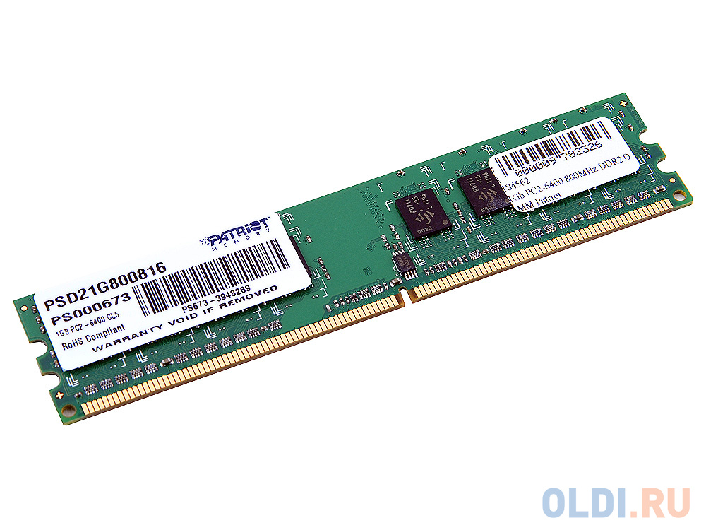 

Оперативная память 2Gb (1x2Gb) PC2-6400 800MHz DDR2 DIMM CL6 Patriot PSD22G80026