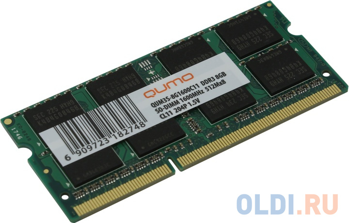 Оперативная память для ноутбука 8Gb (1x8Gb) PC3-12800 1600MHz DDR3 SO-DIMM CL11 QUMO QUM3S-8G1600C11R qumo ssd 512gb novation tlc 3d q3dt 512gskf 2 5 r w 550 500 mb s sm2258xt sm2259xt oem