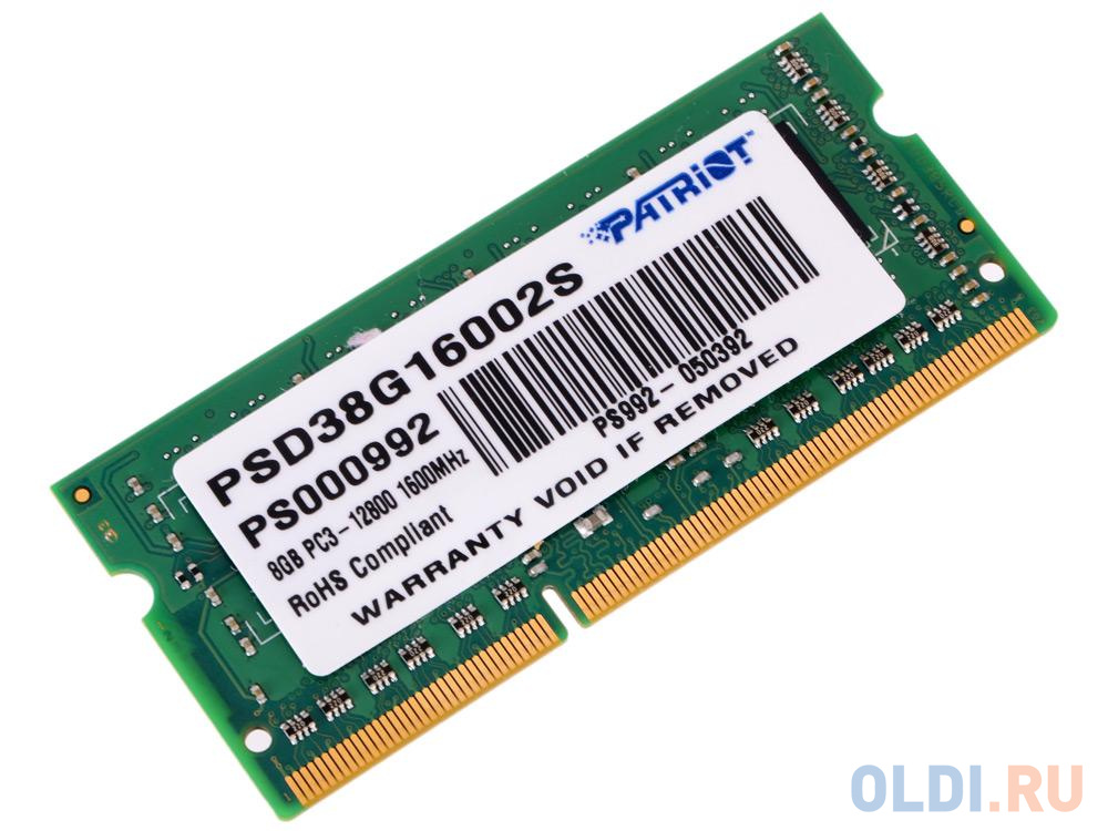 Оперативная память для ноутбука Patriot Signature SO-DIMM 8Gb DDR3 1600 MHz PSD38G16002S оперативная память для ноутбука digma dgmas31600004d so dimm 4gb ddr3 1600 mhz dgmas31600004d