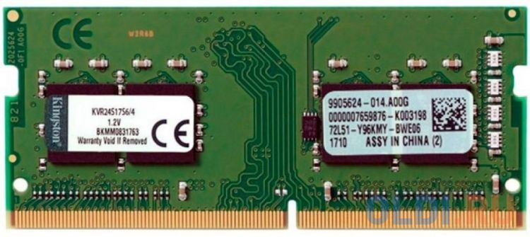 

Оперативная память Kingston KVR24S17S6/4BK SO-DIMM 4Gb DDR4 PC4-19200 2400MHz