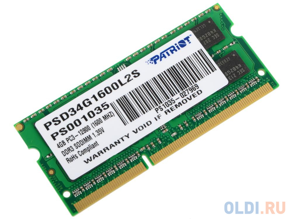 Оперативная память для ноутбука Patriot PSD34G1600L2S SO-DIMM 4Gb DDR3 1600MHz - фото 1