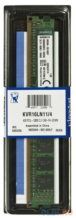 Оперативная память для компьютера Kingston VALUERAM DIMM 4Gb DDR3L 1600 MHz KVR16LN11/4WP фото