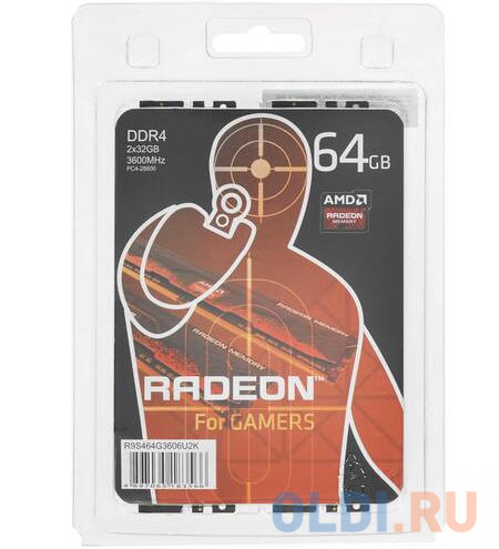 64GB AMD Radeon™ DDR4 3600 DIMM R9 Gamers Series Black Gaming Memory R9S464G3606U2K Non-ECC, CL18, 1.35V, Heat Shield, Kit (2x32GB), RTL (183566) фото