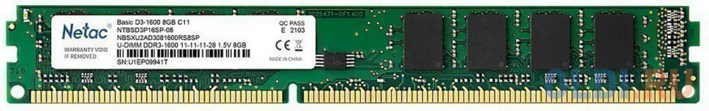 Оперативная память для компьютера Netac Basic DIMM 8Gb DDR3L 1600 MHz NTBSD3P16SP-08