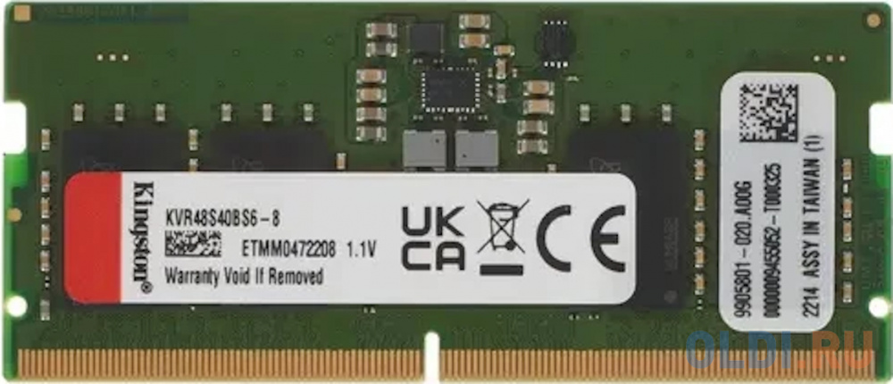 Оперативная память для ноутбука Kingston KVR48S40BS6-8 SO-DIMM 8Gb DDR5 4800 MHz KVR48S40BS6-8 memory module adata ddr5 общий объём памяти 64гб module capacity 32гб количество 2 4800 мгц множитель частоты шины 40 1 1 в ad5s560016g s