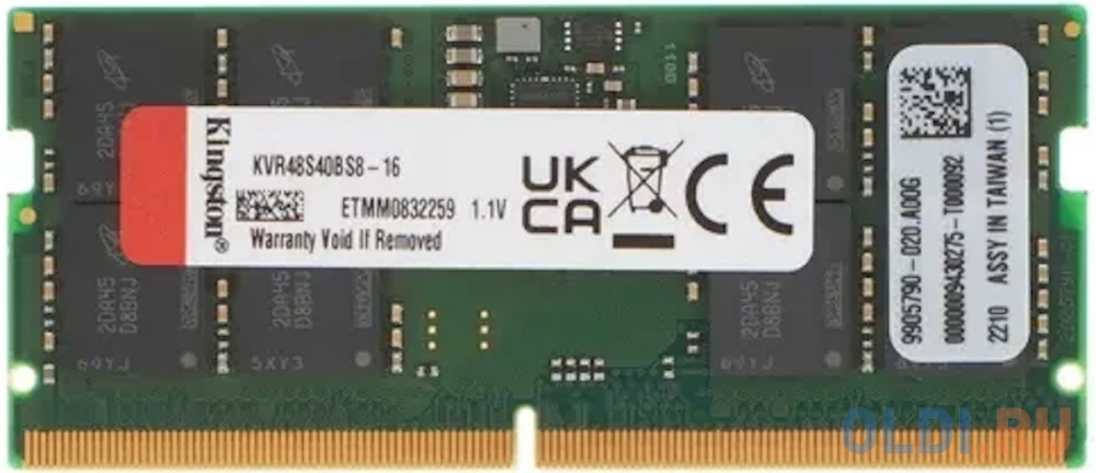 Память оперативная/ Kingston 16GB 4800MT/s DDR5 Non-ECC CL40 SODIMM 1Rx8 crucial 16gb ddr5 4800 udimm cl40 16gbit