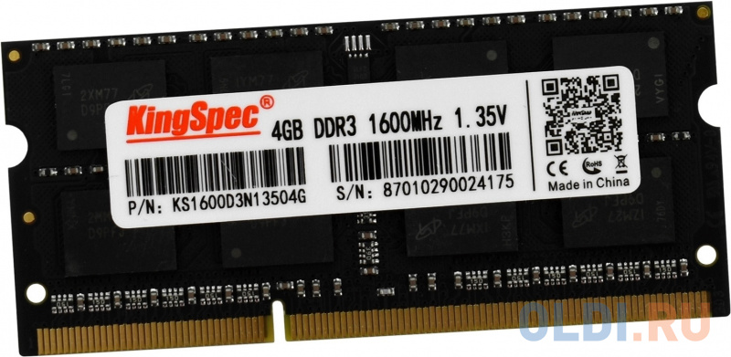 Память DDR3 4Gb 1600MHz Kingspec KS1600D3N13504G RTL PC3-12800 CL11 SO-DIMM 204-pin 1.35В