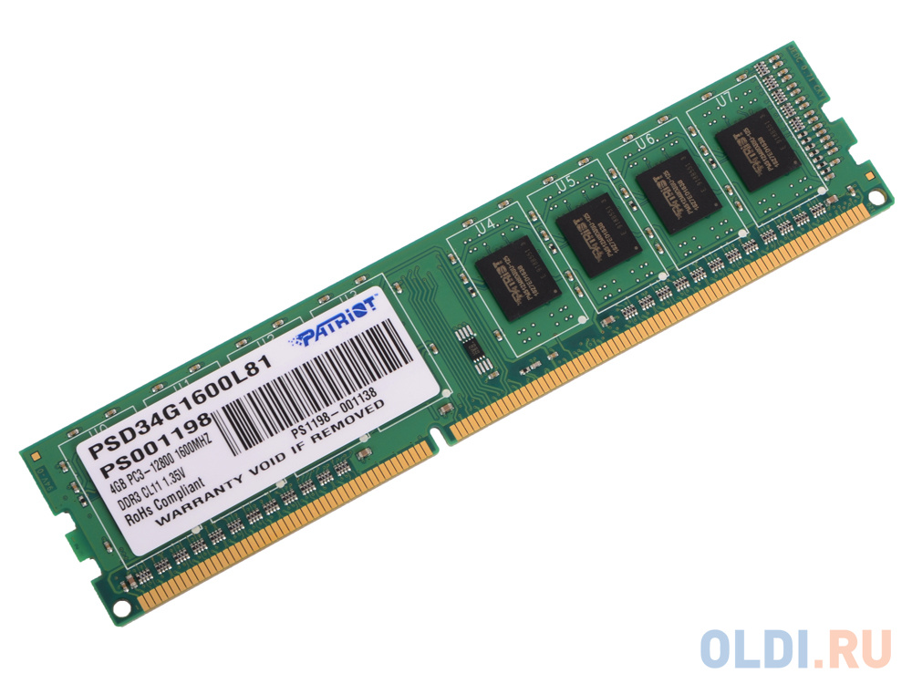 Оперативная память для компьютера Patriot PSD34G1600L81 DIMM 4Gb DDR3L 1600MHz - фото 1
