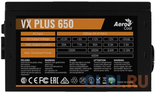 Блок питания Aerocool VX Plus 650 650 Вт блок питания aerocool mirage gold 850w fully modular 850 вт