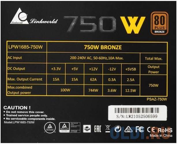 Блок питания LinkWorld ATX 750W LW-750B 80+ bronze 24+2x(4+4) pin APFC 120mm fan 5xSATA RTL фото