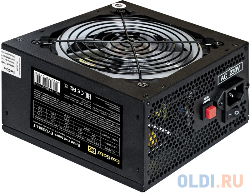 Exegate EX289070RUS БП 600W ExeGate EVO600-LT ATX, APFC, 12cm RGB fan, 24p, (4+4)p, PCI-E, 5SATA, 3IDE, black - фото 2