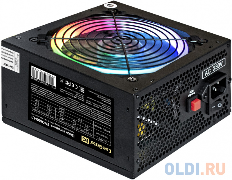 Exegate EX289070RUS БП 600W ExeGate EVO600-LT ATX, APFC, 12cm RGB fan, 24p, (4+4)p, PCI-E, 5SATA, 3IDE, black - фото 3