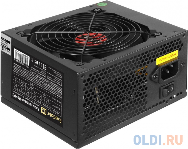 Exegate EX260640RUS-S Блок питания 450PPE, ATX, SC, black, APFC, 12cm, 24p+(4+4)p, PCI-E, 3*IDE, 5*SATA, FDD + кабель 220V с защитой от выдергивания фото