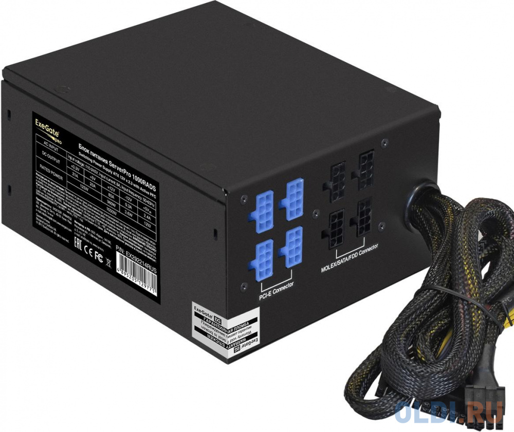 Exegate EX292214RUS Серверный БП 1000W ExeGate ServerPRO-1000RADS (ATX, for 3U+ cases, APFC, КПД 82% (80 PLUS), 14cm fan, 24pin, 2(4+4)pin, PCIe, 5xSA