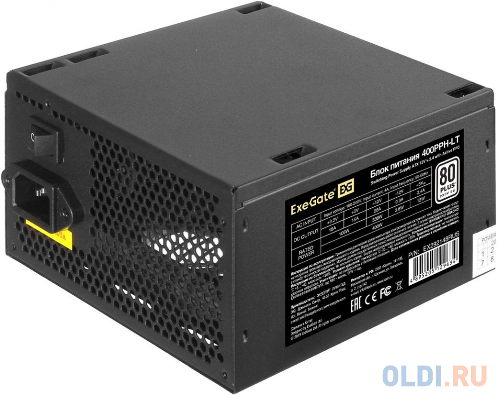   400W ExeGate 80 PLUS  400PPH-LT (ATX, APFC,  82% (80 PLUS), 12cm fan, 24pin, 4+4pin, PCI-E, 3xSATA, 3xIDE, RTL(color box), black)