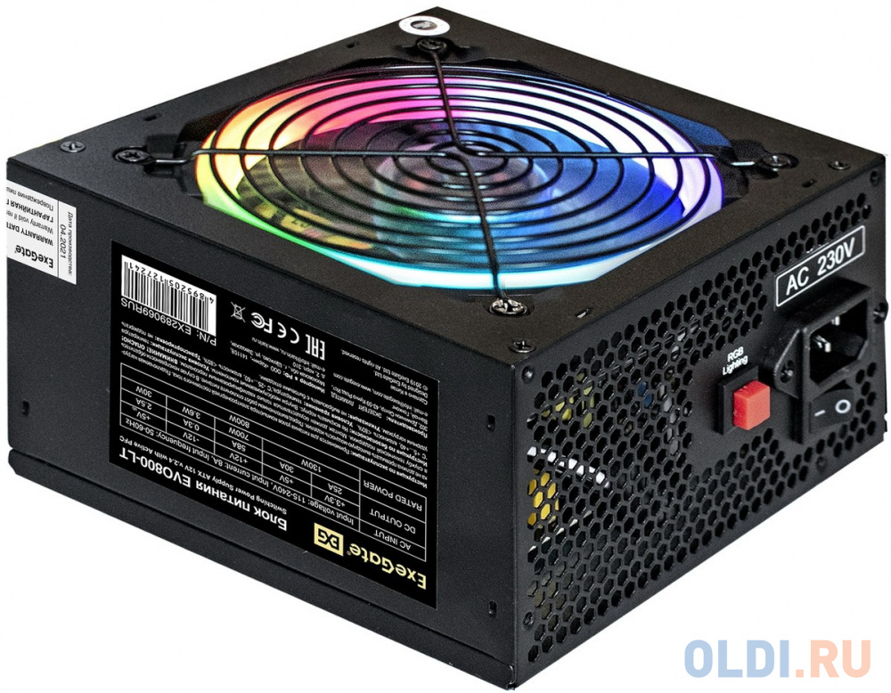 Блок питания 800W ExeGate EVO800-LT (ATX, APFC, КПД 80% (80 PLUS), 12cm RGB fan, 24pin, 2x(4+4)pin, 2xPCI-E, 6xSATA, 3xIDE, RTL, black)