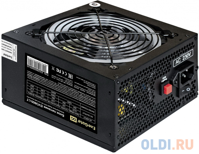 Блок питания 800W ExeGate EVO800-LT (ATX, APFC, КПД 80% (80 PLUS), 12cm RGB fan, 24pin, 2x(4+4)pin, 2xPCI-E, 6xSATA, 3xIDE, RTL, black) фото