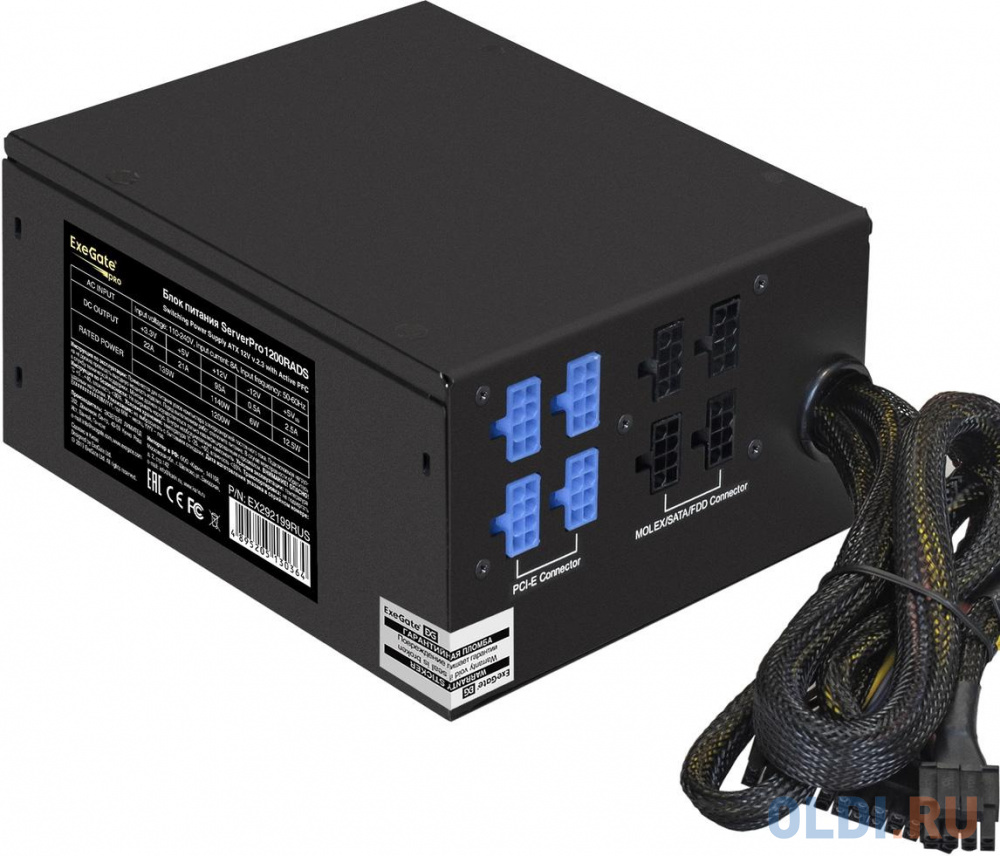 Серверный БП 1200W ExeGate ServerPRO-1200RADS (ATX, for 3U+ cases, КПД 82% (80 PLUS), 14cm fan, 24pin, 2(4+4)pin, 6xPCIe, 8xSATA, 4xIDE, Cable Managem exegate ex292211rus серверный бп 700w exegate serverpro 700rads atx for 3u cases apfc кпд 80% 80 plus 14cm fan 24pin 2 4 4 pin pcie 5xsata