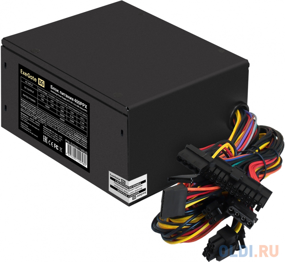Блок питания 400W ExeGate 400PPX (ATX, APFC, SC, КПД 80% (80 PLUS), 14cm fan, 24pin, (4+4)pin, PCIe, 5xSATA, 4xIDE, FDD, кабель 220V с защитой от выде