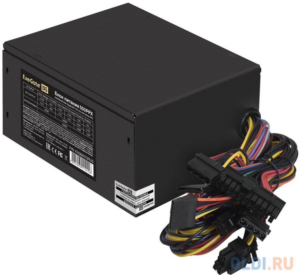 Блок питания 550W ExeGate 550PPX (ATX, APFC, SC, КПД 80% (80 PLUS), 14cm fan, 24pin, (4+4)pin, PCIe, 5xSATA, 4xIDE, FDD, кабель 220V с защитой от выде exegate es259591rus s блок питания aaa450 atx sc 8cm fan 24p 4p 2 sata 1 ide кабель 220v с защитой от выдергивания