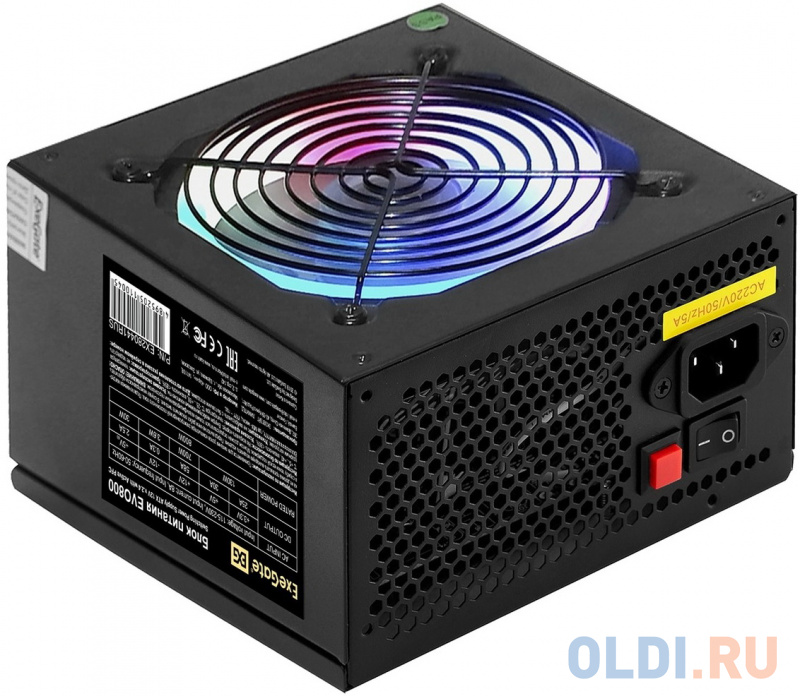 Блок питания 800W ExeGate EVO800 (ATX, APFC, PC, 12cm RGB fan, 24pin, (4+4)pin, PCIe, 5xSATA, 3xIDE, FDD, Cable Management, black, кабель 220V в компл фото