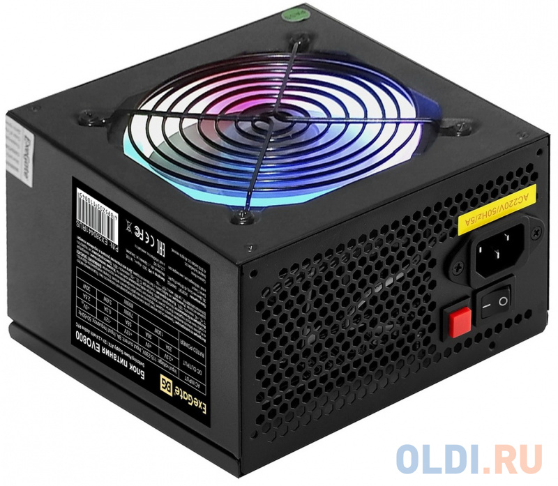 Блок питания 800W ExeGate EVO800 (ATX, APFC, SC, 12cm RGB fan, 24pin, (4+4)pin, PCIe, 5xSATA, 3xIDE, FDD, Cable Management, black, кабель 220V с защит фото