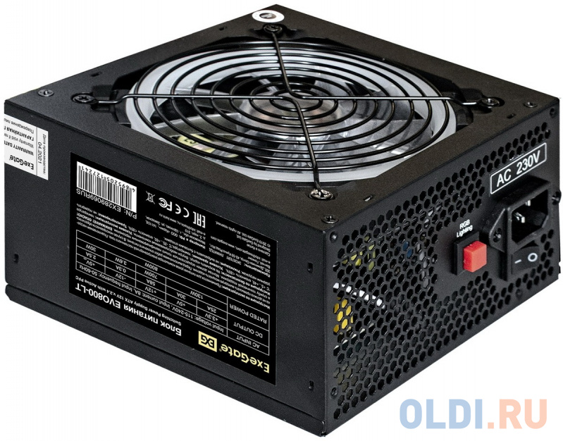 Блок питания 800W ExeGate EVO800-LT (ATX, APFC, PC, 12cm RGB fan, 24pin, (4+4)pin, PCI-E, 5xSATA, 3xIDE, FDD, black, кабель 220V в комплекте) фото