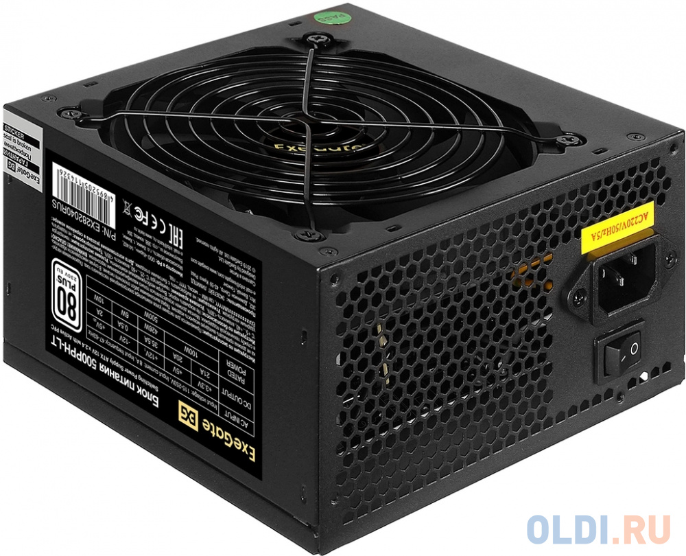 Блок питания 500W ExeGate 80 PLUS® 500PPH-LT-OEM (ATX, APFC, КПД 82% (80 PLUS), 12cm fan, 24pin, (4+4)pin, PCIe, 5xSATA, 3xIDE, black, RTL) фото