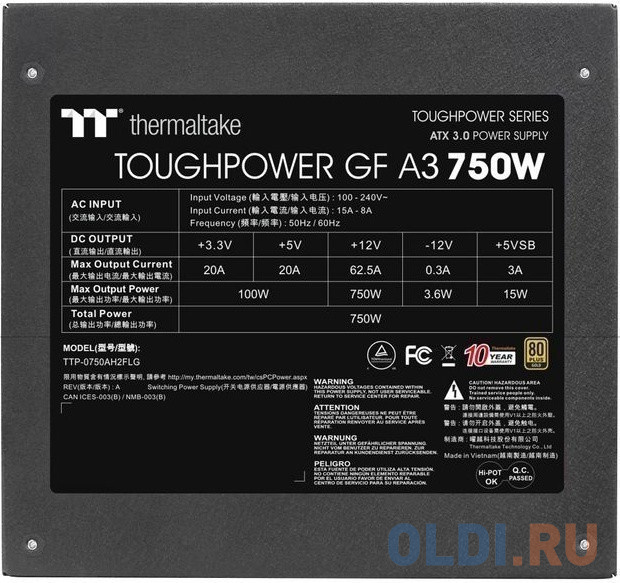 Toughpower GF A3/0750W/Fully Modular/Non Light/Full Range/Analog/80 Plus Gold/EU/JP Main CAP PS-TPD-0750FNFAGE-H All Flat Cables/Gen 5 фото