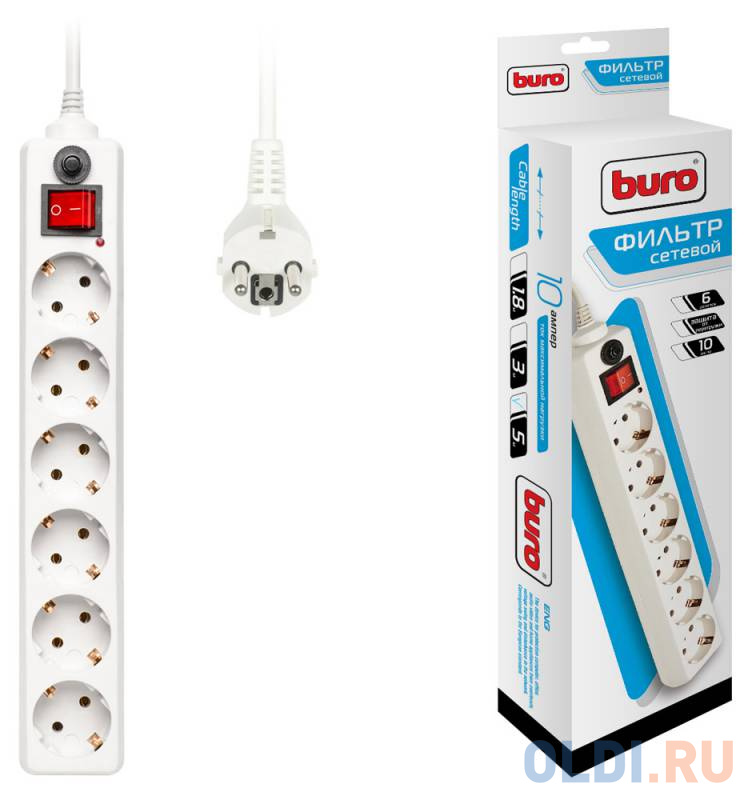 Сетевой фильтр Buro 600SH-5-W 5м (6 розеток) белый сетевой фильтр buro 500sh 10 w 10м 5 розеток белый