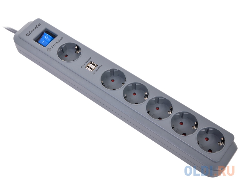 Сетевой фильтр Defender DFS 501 USB Charger 6 роз., 2.0 м, 2 USB порта 99051 - фото 1