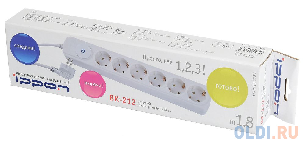 Сетевой фильтр Ippon BK-212 6 розеток 1.8 м белый фото