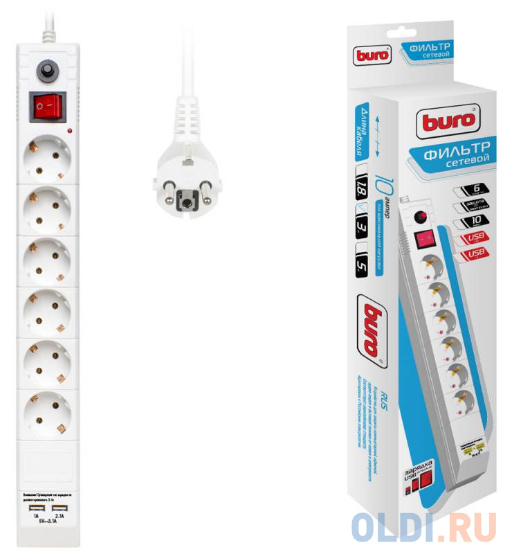 Сетевой фильтр BURO BU-SP3_USB_2A-W 6 розеток 3 м белый - фото 1