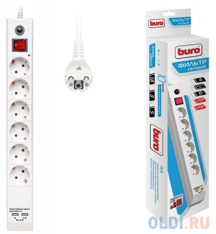 Сетевой фильтр BURO BU-SP5_USB_2A-W 6 розеток 5 м белый сетевой фильтр buro bu sp1 8 usb 2a w 1 8м 6 розеток белый