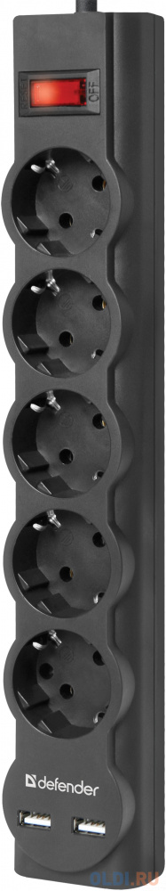 Сетевой фильтр Defender DFS 753 черный 3,0 м, 5 розеток, 2xUSB, 2.1A фото